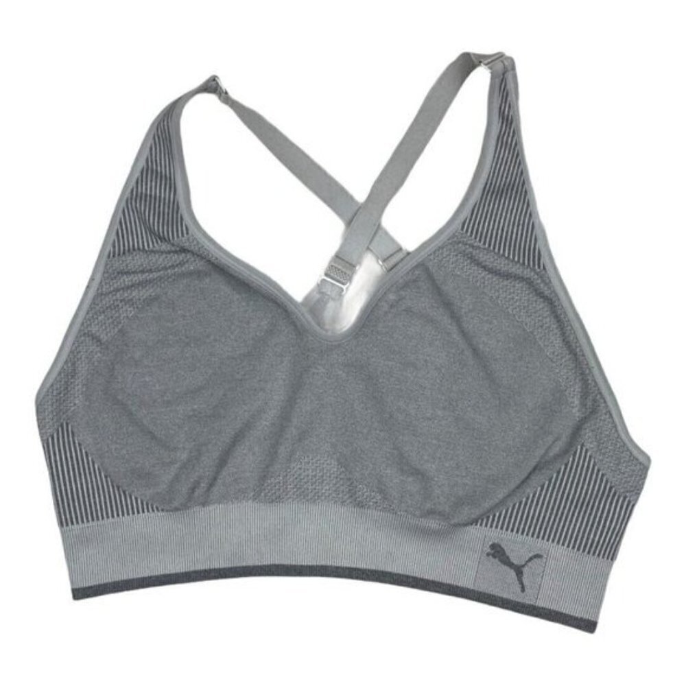 PUMA Women's Grey Seamless Sports Bra Adjustable Straps Moisture Wicking US L